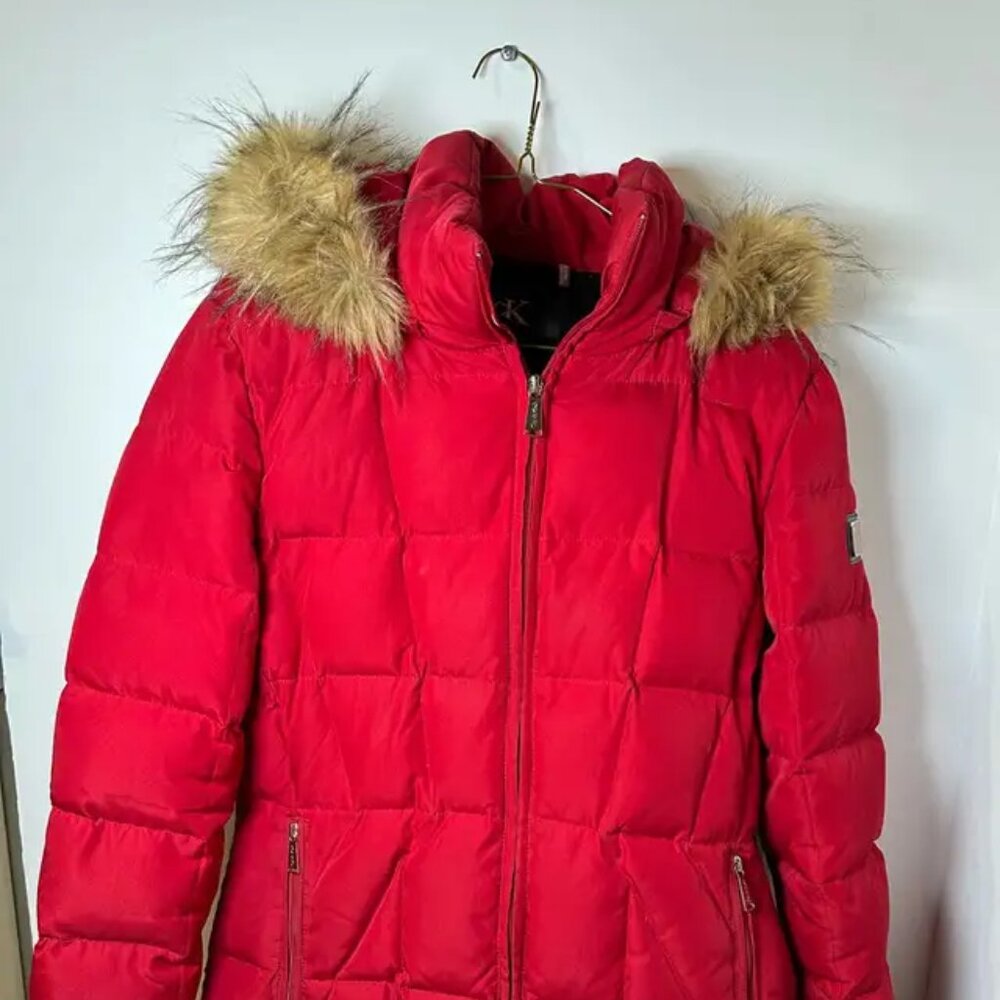 Calvin Klein Women's Red Faux Fur Trim Hooded Puffer Parka